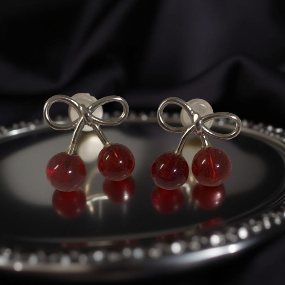 Elegant Red Cherry Earrings with Silver Bow
